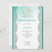 ティール（緑がかった色）オリエンタルオーナメントパターンイスラムメンディ 招待状 (裏面)