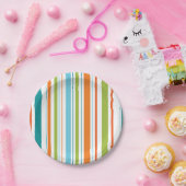 ティール(緑がかった色)、オレンジおよび緑のストライプな紙皿 ペーパープレート (パーティー)