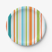 ティール(緑がかった色)、オレンジおよび緑のストライプな紙皿 ペーパープレート (正面)