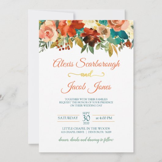 ティール（緑がかった色）、オレンジおよび金ゴールドフローラ結婚式招待状Wh 招待状 (正面)