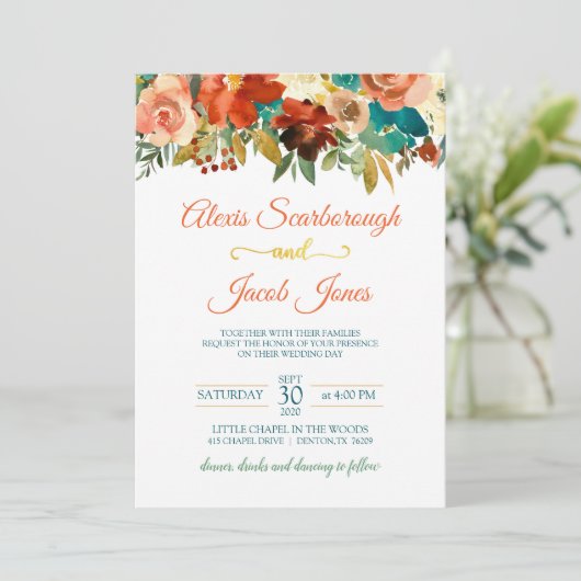 ティール(緑がかった色)、オレンジおよび金ゴールドフローラ結婚式招待状Wh 招待状 (スタンド正面)