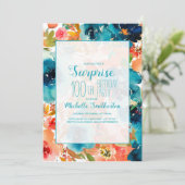 ティール(緑がかった色)オレンジウォーターカラーフローラ100誕生日 招待状 (スタンド正面)