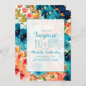 ティール(緑がかった色)オレンジウォーターカラーフローラ100誕生日 招待状 (正面/裏面)