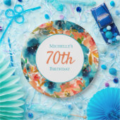ティール(緑がかった色)オレンジウォーターカラーフローラ70誕生日 ペーパープレート (パーティー)