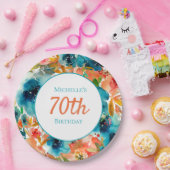 ティール(緑がかった色)オレンジウォーターカラーフローラ70誕生日 ペーパープレート (パーティー)