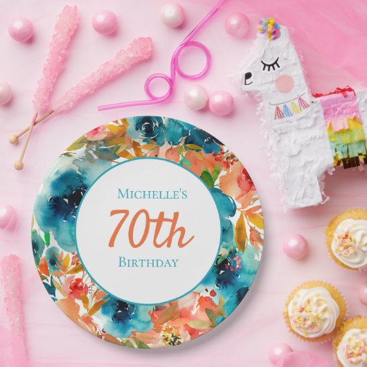 ティール（緑がかった色）オレンジウォーターカラーフローラ70誕生日 ペーパープレート (パーティー)