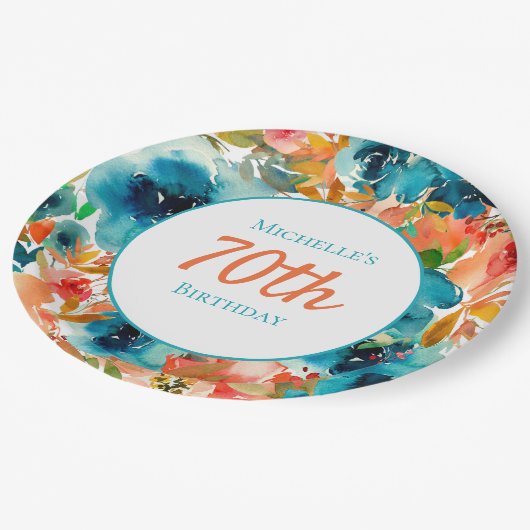 ティール（緑がかった色）オレンジウォーターカラーフローラ70誕生日 ペーパープレート (アングル)