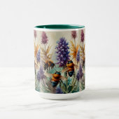 ティール（緑がかった色）&オレンジエレガンス | スミレ花のミツバチ マグカップ (中央)