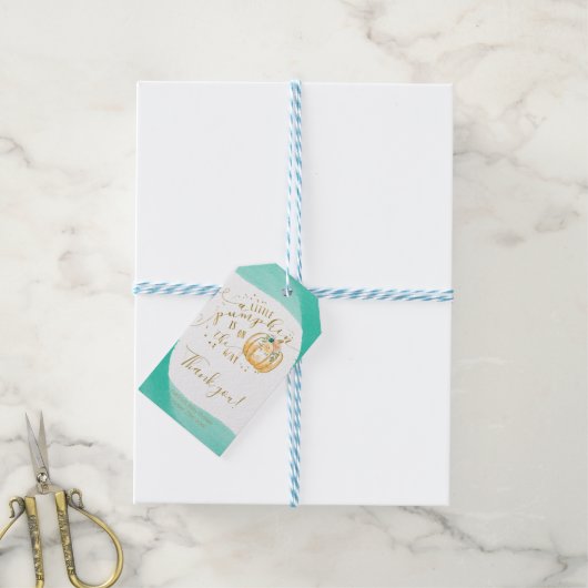 ティール(緑がかった色)オレンジカボチャ秋ベビーシャワーサンキュー ギフトタグ (より糸付き)