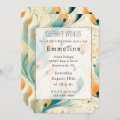 ティール（緑がかった色）オレンジクリームピーコックフェザー 招待状 (正面/裏面)