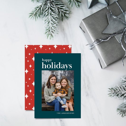 ティール（緑がかった色）&オレンジセリフHappy Holidays写真 シーズンカード