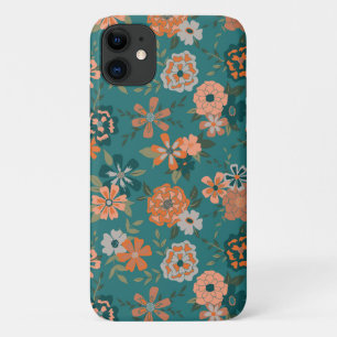 ティール(緑がかった色)オレンジトレンディーフローラつる植物花柄 iPhone 11 ケース