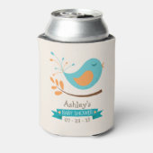 ティール（緑がかった色）&オレンジバードオンブランチベビーシャワー 缶クーラー (缶裏面)