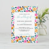 ティール（緑がかった色）オレンジピンクシンプルフローラスエレガントクリプトInvi 招待状 (スタンド正面)