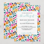 ティール（緑がかった色）オレンジピンクシンプルフローラスエレガントクリプトInvi 招待状 (正面/裏面)