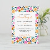 ティール（緑がかった色）オレンジピンクシンプルフローラスクリプエレガントト 招待状 (スタンド正面)