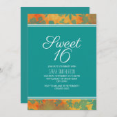 ティール(緑がかった色)オレンジフローラスウィート16ガールズ 招待状 (正面/裏面)