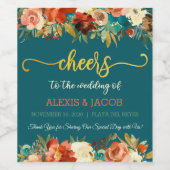 ティール(緑がかった色)&オレンジフローラ結婚ズワインボトルラベル ワインラベル (シングルラベル)