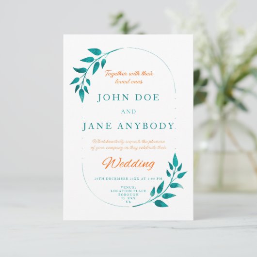 ティール（緑がかった色）&オレンジフローラ結婚式招待状 出欠カード (スタンド正面)