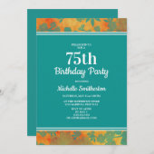 ティール（緑がかった色）オレンジフローラ75thバースデーパーティー 招待状 (正面/裏面)