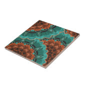 ティール(緑がかった色)オレンジブラウンビッグフローラ抽象芸術パターン タイル (側面)