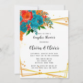 ティール(緑がかった色)オレンジボタニカル花模様金ゴールドカップルシャワー 招待状 (正面)