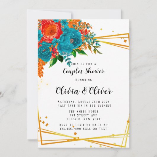 ティール(緑がかった色)オレンジボタニカル花模様金ゴールドカップルシャワー 招待状 (正面)