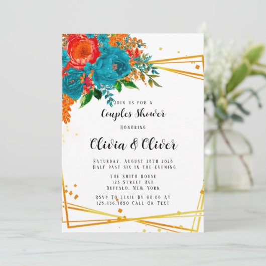 ティール（緑がかった色）オレンジボタニカル花模様金ゴールドカップルシャワー 招待状 (スタンド正面)
