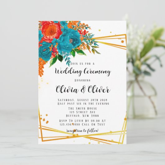 ティール（緑がかった色）オレンジボタニカル花模様金ゴールド結婚 招待状 (スタンド正面)