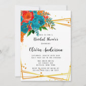 ティール(緑がかった色)オレンジボタニカル花模様金ゴールドI 招待状 (正面)