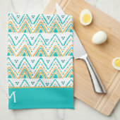 ティール(緑がかった色)オレンジボホトライバルパターンモノグラム キッチンタオル (四つ折り)
