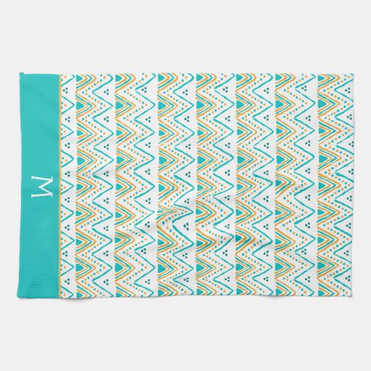 ティール(緑がかった色)オレンジボホトライバルパターンモノグラム キッチンタオル (横)