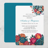ティール（緑がかった色）オレンジレッドピーオンブーケ婚約パーティ 招待状 (正面/裏面)