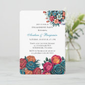 ティール（緑がかった色）オレンジレッドピーオンブーケ婚約パーティ 招待状 (スタンド正面)