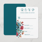 ティール(緑がかった色)オレンジレッド牡丹ウェディングRSVPカード 出欠カード (正面/裏面)