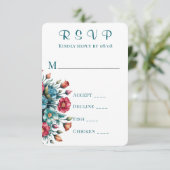 ティール(緑がかった色)オレンジレッド牡丹ウェディングRSVPカード 出欠カード (スタンド正面)