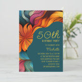 ティール（緑がかった色）オレンジレトロカーモダンブ50誕生日 招待状 (スタンド正面)