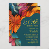 ティール（緑がかった色）オレンジレトロカーモダンブ50誕生日 招待状 (正面/裏面)