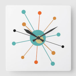 ティール（緑がかった色）オレンジ原子時代スターバストミッドセンチュリー スクエア壁時計