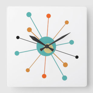ティール（緑がかった色）オレンジ原子時代スターバストミッドセンチュリー スクエア壁時計