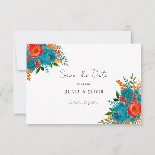 ティール（緑がかった色）オレンジ植物性フローラ結婚式の日付を保存 セーブザデート (正面)