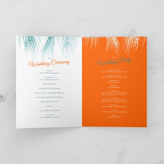 ティール(緑がかった色)オレンジ色のトロピカルパームズの水の色結婚のアート プログラム (内部)