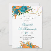 ティール(緑がかった色)オレンジ金ゴールドフローラブリデスメイドランチョン 招待状 (正面)