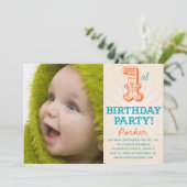 ティール（緑がかった色）&オレンジ1ST | 第1誕生日招待状 招待状 (スタンド正面)