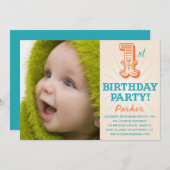 ティール（緑がかった色）&オレンジ1ST | 第1誕生日招待状 招待状 (正面/裏面)