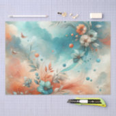 ティール（緑がかった色）、オレンジ、クリーム消音の花のパターン 薄葉紙 (クラフト)