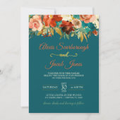 ティール（緑がかった色）、オレンジ、金ゴールドフローラ結婚式招待状 招待状 (正面)
