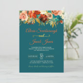 ティール（緑がかった色）、オレンジ、金ゴールドフローラ結婚式招待状 招待状 (スタンド正面)