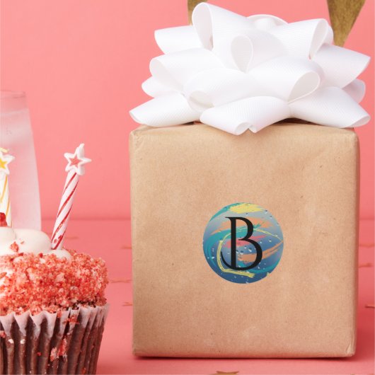 ティール（緑がかった色）、オレンジ、黄色、サンゴのブラシストロークモノグラム ラウンドシール (パーティー)