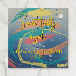 ティール（緑がかった色）、オレンジ、黄色、サンゴのブラシストローク フェイバータグ